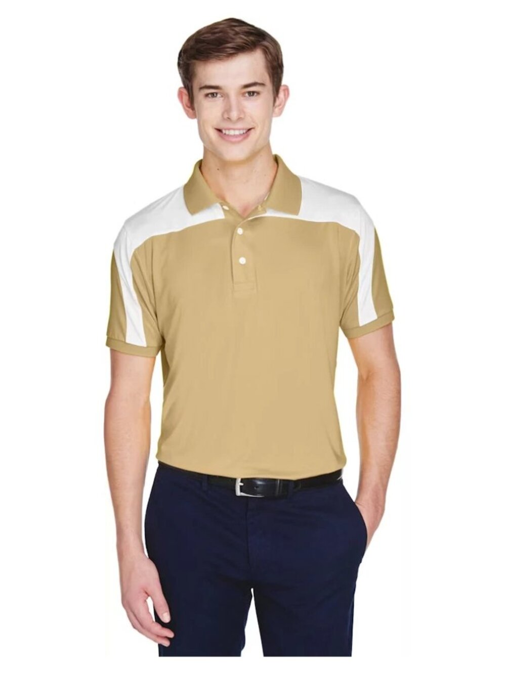 Team 365 Men’s Victor Performance Golf Polo Vegas Gold White Colorblock